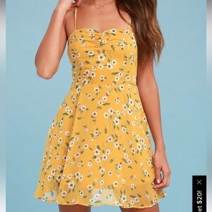 Lulu's Daisies Go By Mustard Yellow Floral Midi Dress Size Medium
